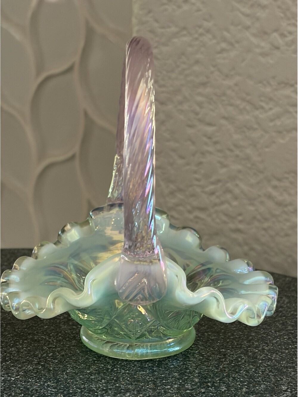 Fenton Glass Spruce Green 4" Miniature Hobnail Basket French Opalescent Handle